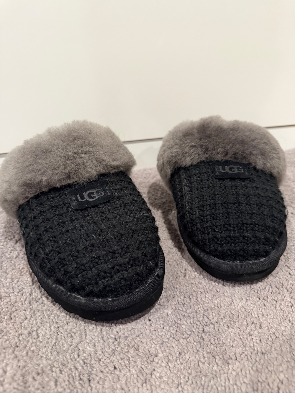 UGG Black Knit clogs with Gray Shearling Cuff